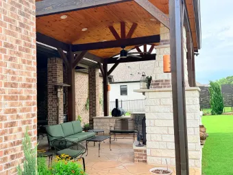 Exterior column and walkway view of a covered outdoor living pavilion addition in Austin, TX