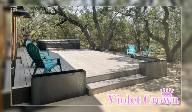 Wooden deck install for a small house in Austin. Build high-quality outdoor living spaces with Violet Crown.