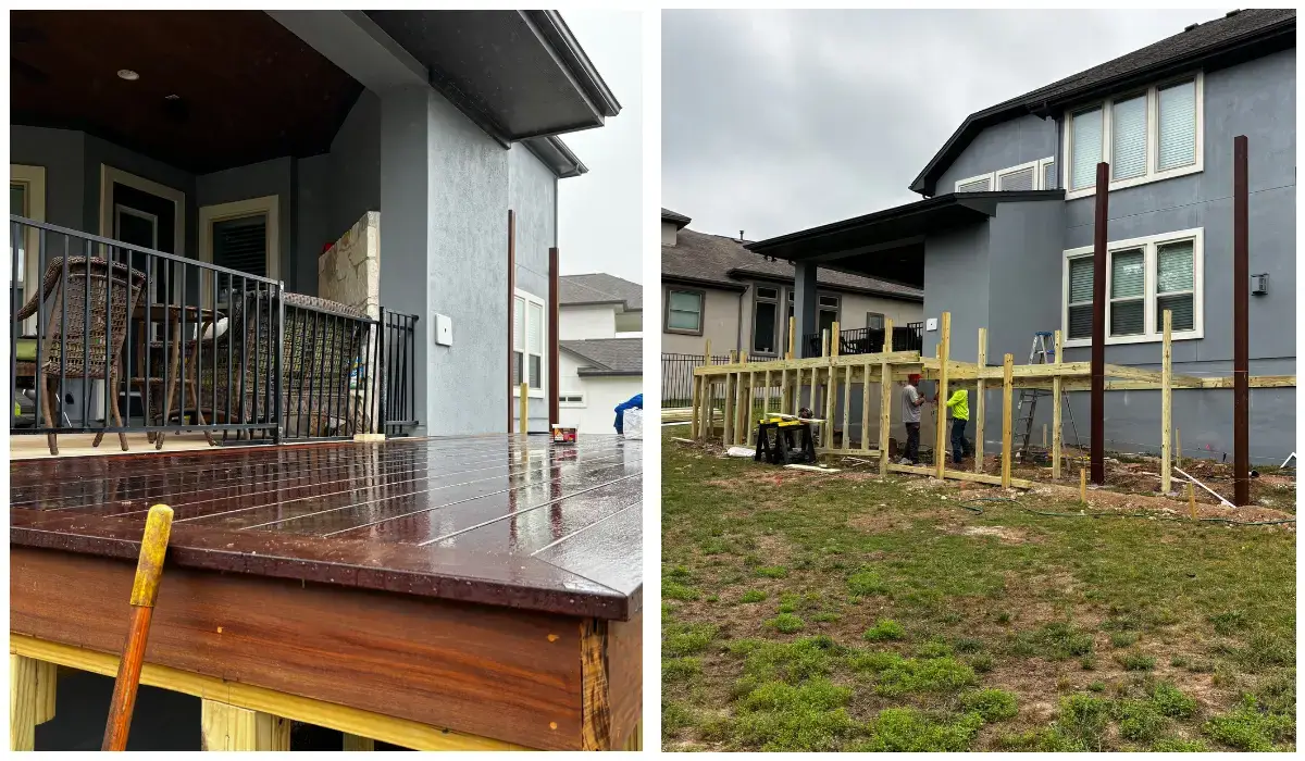 Composite decking installation in progress, showing completed deck on the left and ongoing construction on the right for a residential property in Austin.