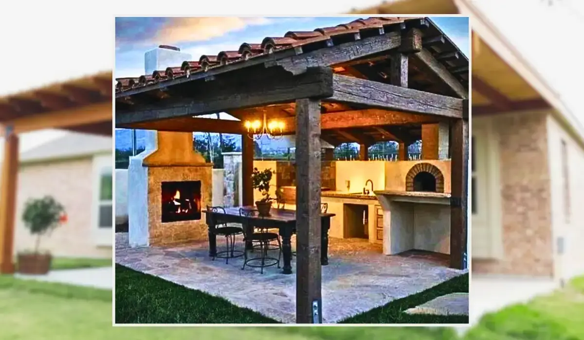 Luxury outdoor living spaces in Austin featuring a covered patio with an outdoor kitchen and fireplace.