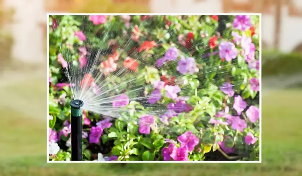 Sprinkler head in action during irrigation system installation, watering vibrant flowers in a well-maintained garden.