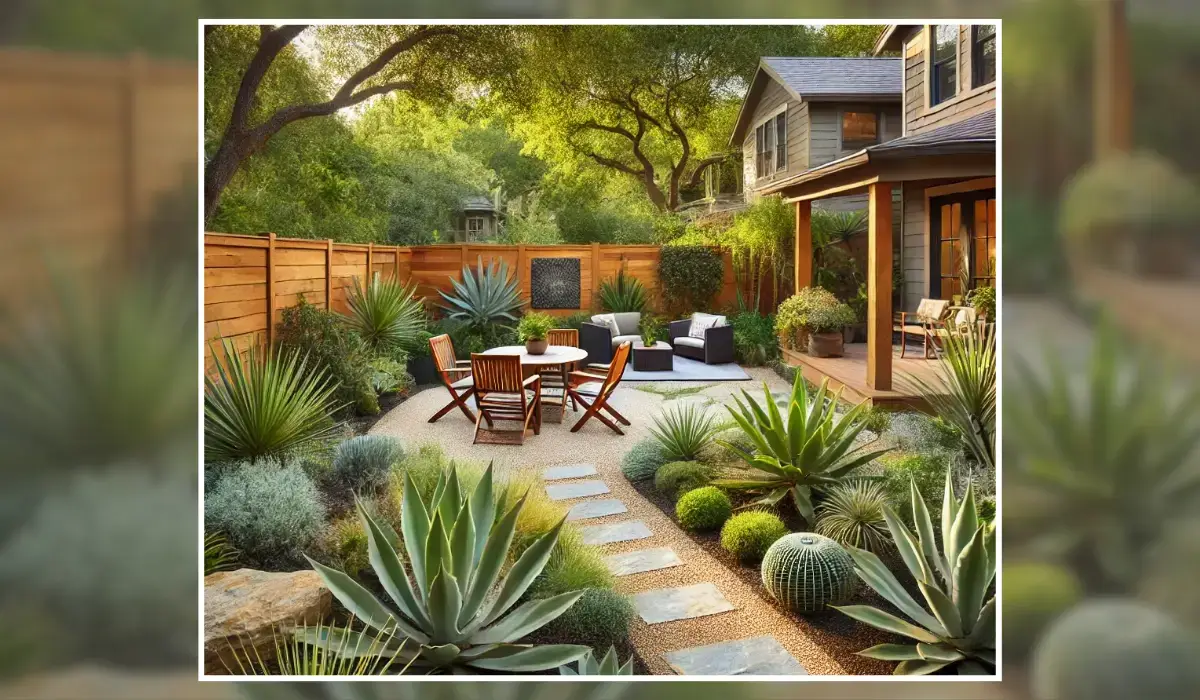 Affordable landscaping solutions for a backyard in Austin, Texas, featuring drought-resistant plants and a gravel walkway.