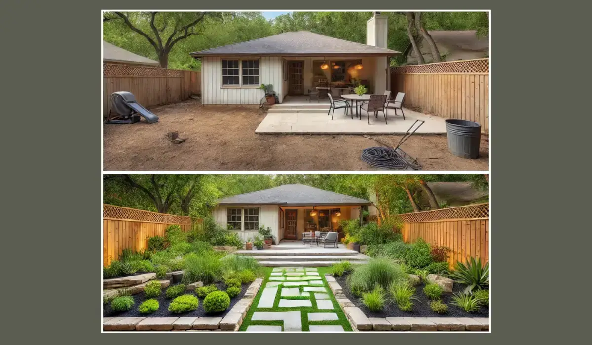 Before-and-after backyard transformation by a landscape architect showcasing professional garden design, hardscaping, and greenery installation.