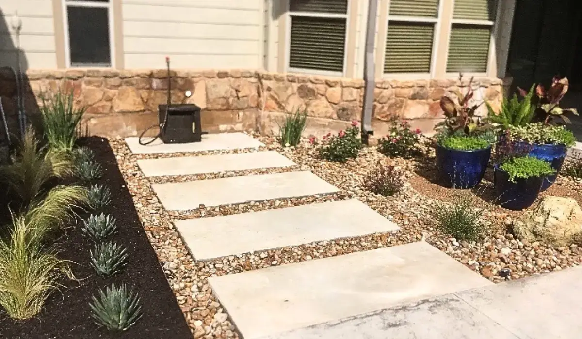 Small garden design with large stepping stones, gravel, drought-tolerant plants, black mulch, and blue potted plants.