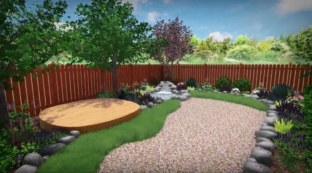 3D landscape design of Austin backyard with gravel path, deck, and waterfall feature