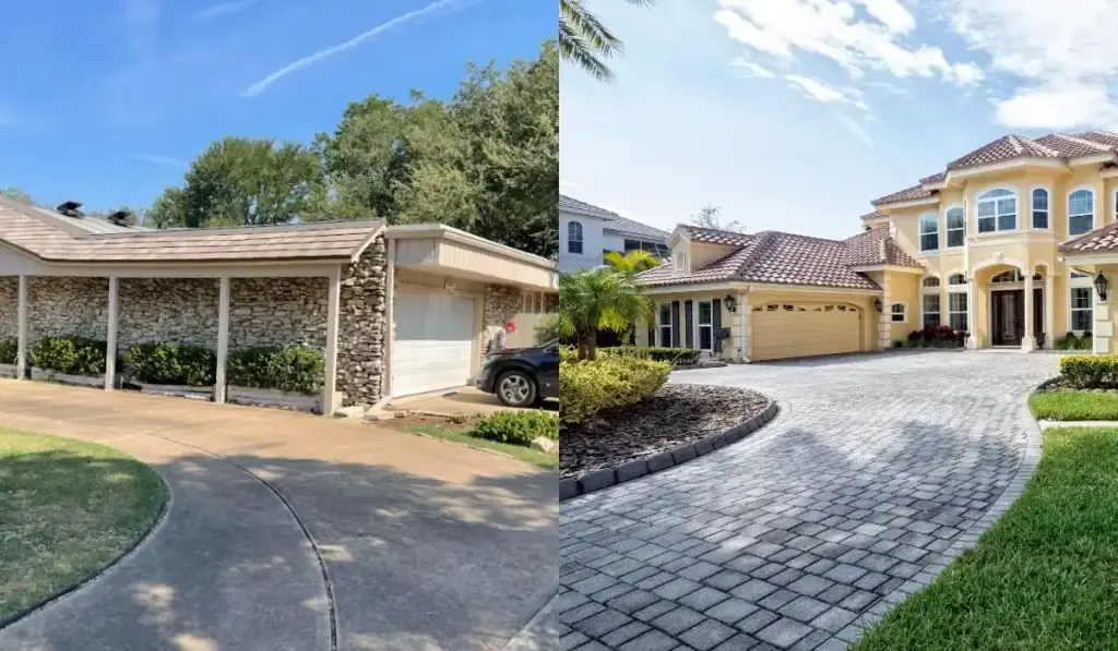 Concrete Driveways vs. Pavers shown side by side in residential Austin with landscaping and curved layouts.