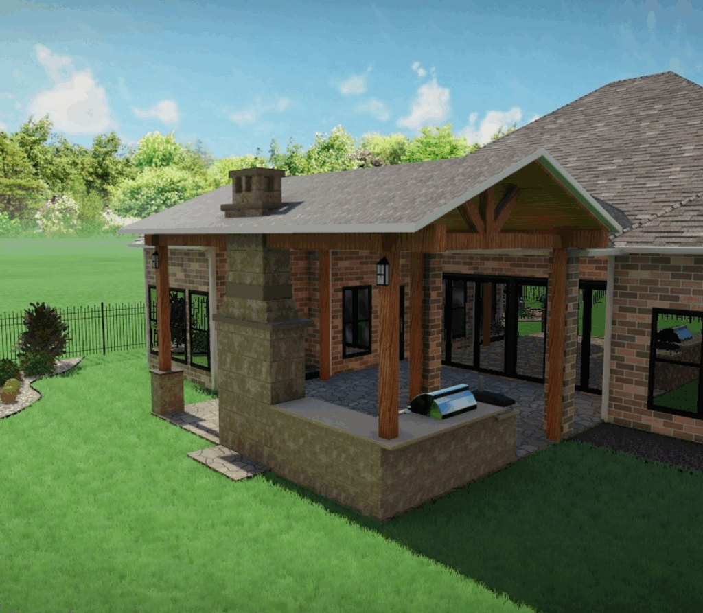 3D rendering of a custom outdoor patio design with stone fireplace, wood posts, and covered roof attached to a brick home.