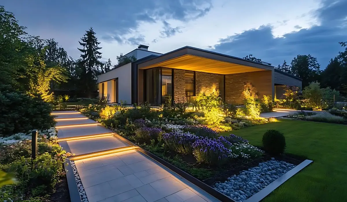 Modern landscaping with pathway lighting, flowering plants, and layered textures in a contemporary Austin front yard.