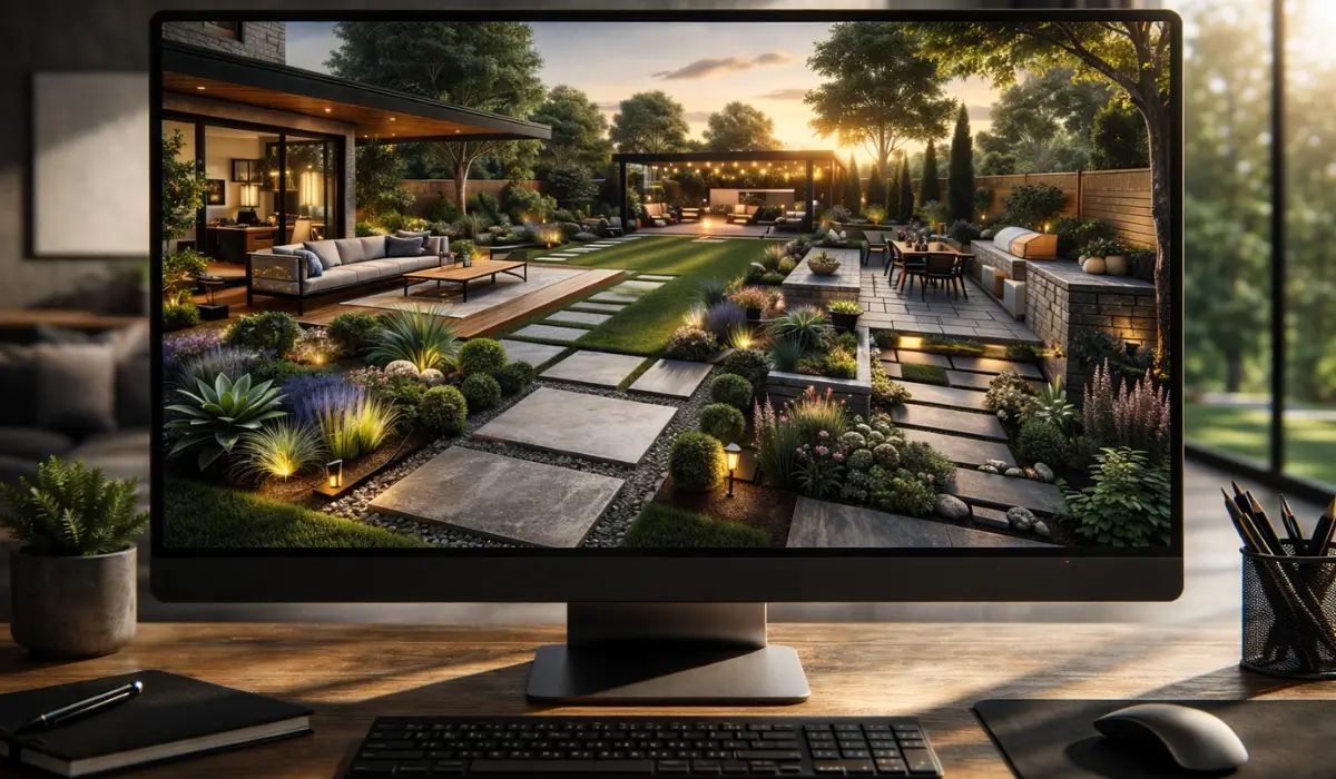3D landscape design luxury backyard rendering displayed on monitor showing patio lighting and layered planting layout