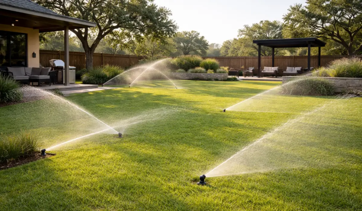 Irrigation System evenly watering large residential lawn with multiple sprinkler zones improving efficiency and landscape health