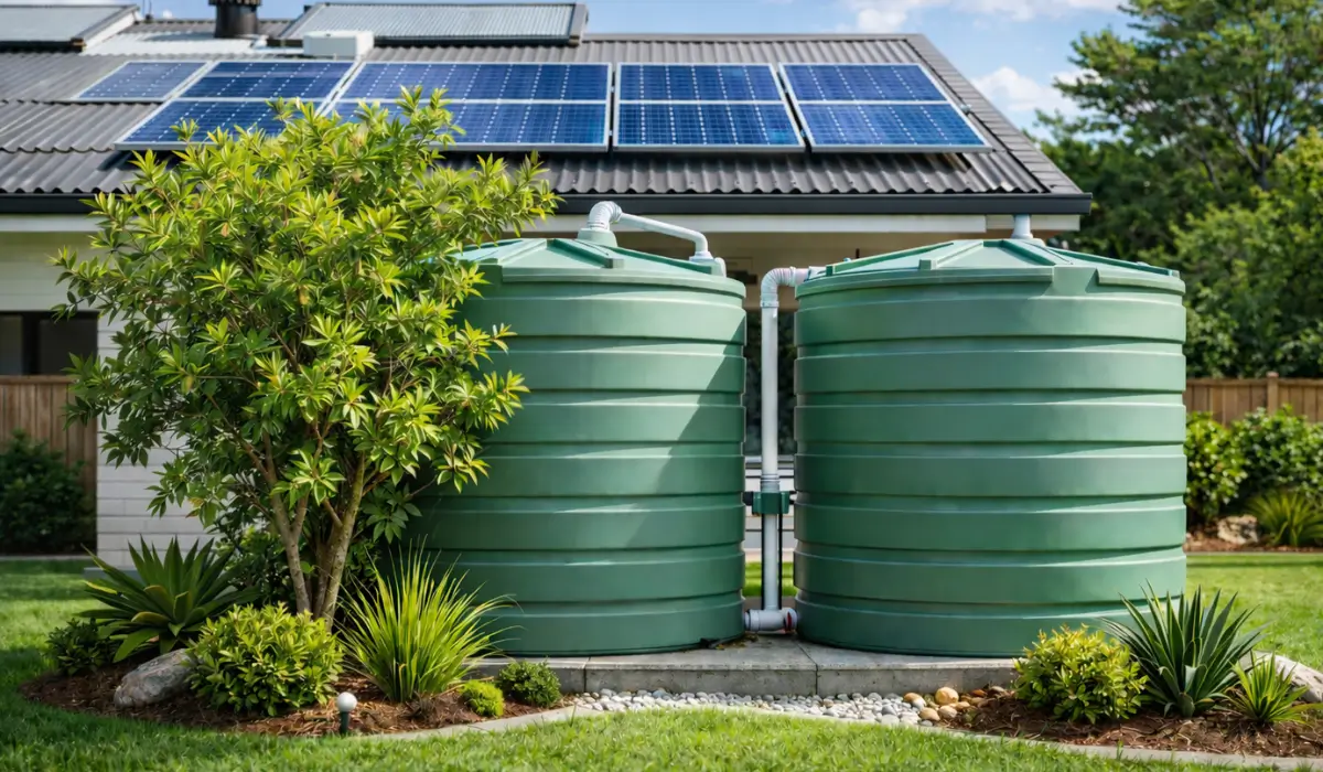 Rainwater Collection storage tanks installed beside residential home with solar panels