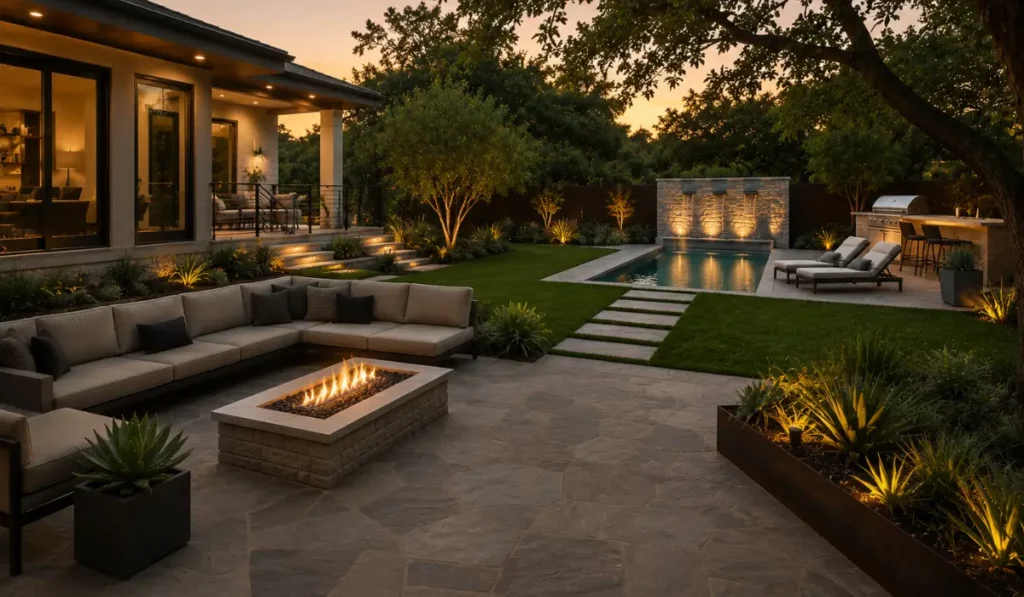 3D Landscape Design Project showing luxury backyard patio, outdoor lighting, pool area, and modern landscape design.