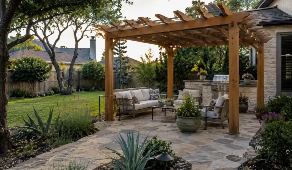 Veranda or Patio with pergola, seating, and landscaping supporting comfortable year-round outdoor living in Austin.